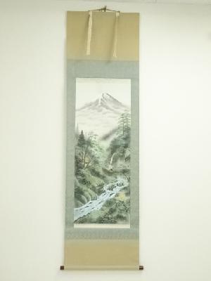 寿山筆　彩色山水　肉筆絹本掛軸（箱付）